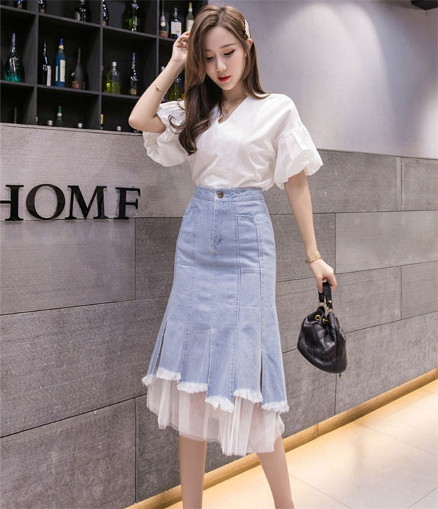 CM-BF071224 Women Preppy Seoul Style High Waist Gauze Splicing Fishtail Denim Skirt