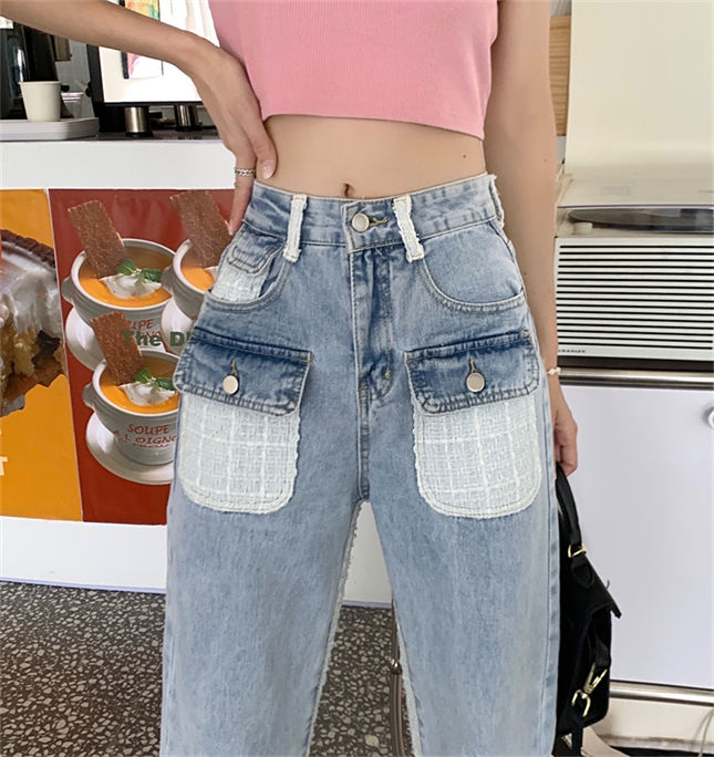 CM-BF071909 Women Casual Seoul Style High Waist Splicing Pockets Straight Jeans