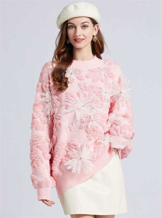 CM-CF102915 Women Lovely European Style 3 Beads Floral Oversize Sweater (Available in 3 colors)