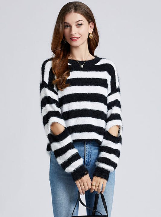 CM-CF102918 Women Trendy Seoul Style Round Neck Stripes Sweater Pullovers
