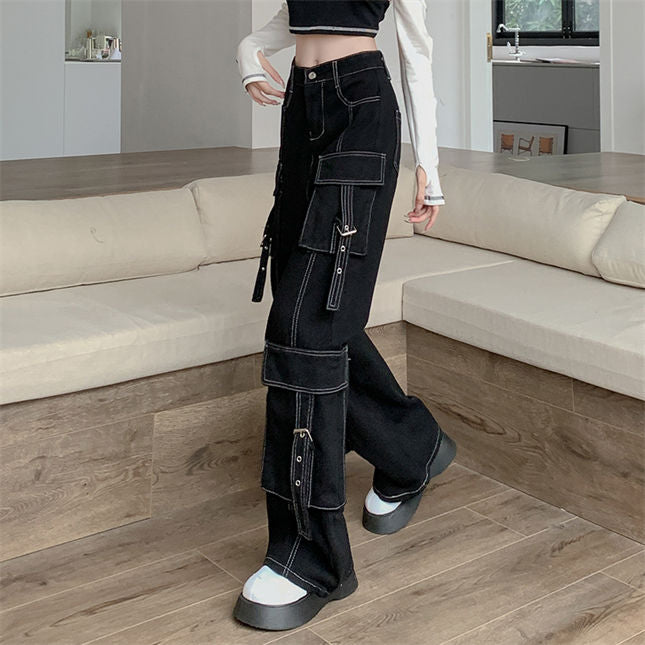 CM-BF012406 Women Preppy Seoul Style Street Fashion Big Pockets Wide-Leg Loosen Jeans