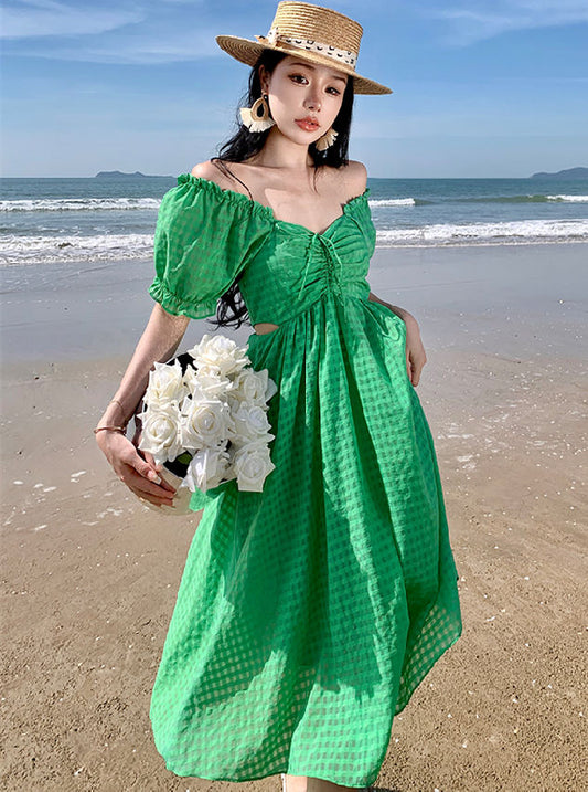 CM-DF030305 Women Trendy Bohemian Style High Waist Boat Neck Plaids A-Line Dress