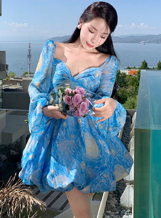 CM-DF030316 Women Retro Seoul Style Low Bust Flowers Puff Sleeve Backless Fluffy Dress
