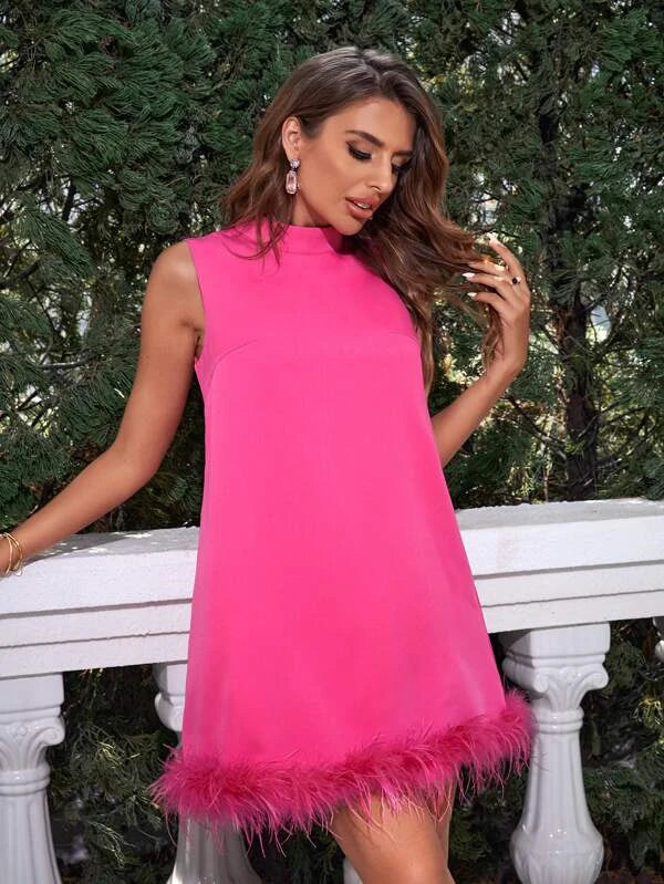 CM-DS226842 Women Elegant Seoul Style Sleeveless Stand Neck Fuzzy Trim Dress - Pink