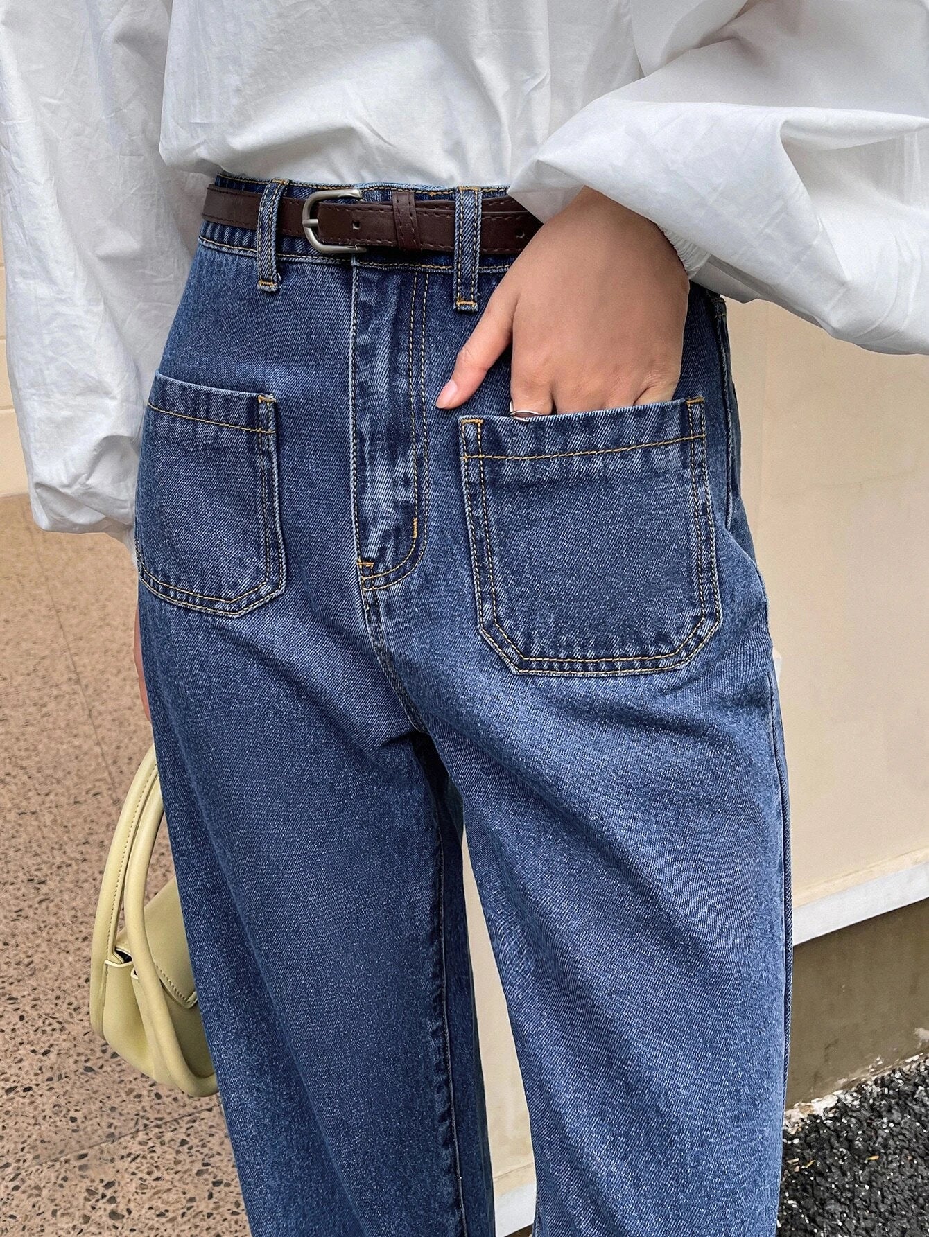 CM-BS672088 Women Casual Seoul Style High Waist Dual Pocket Straight Leg Jeans