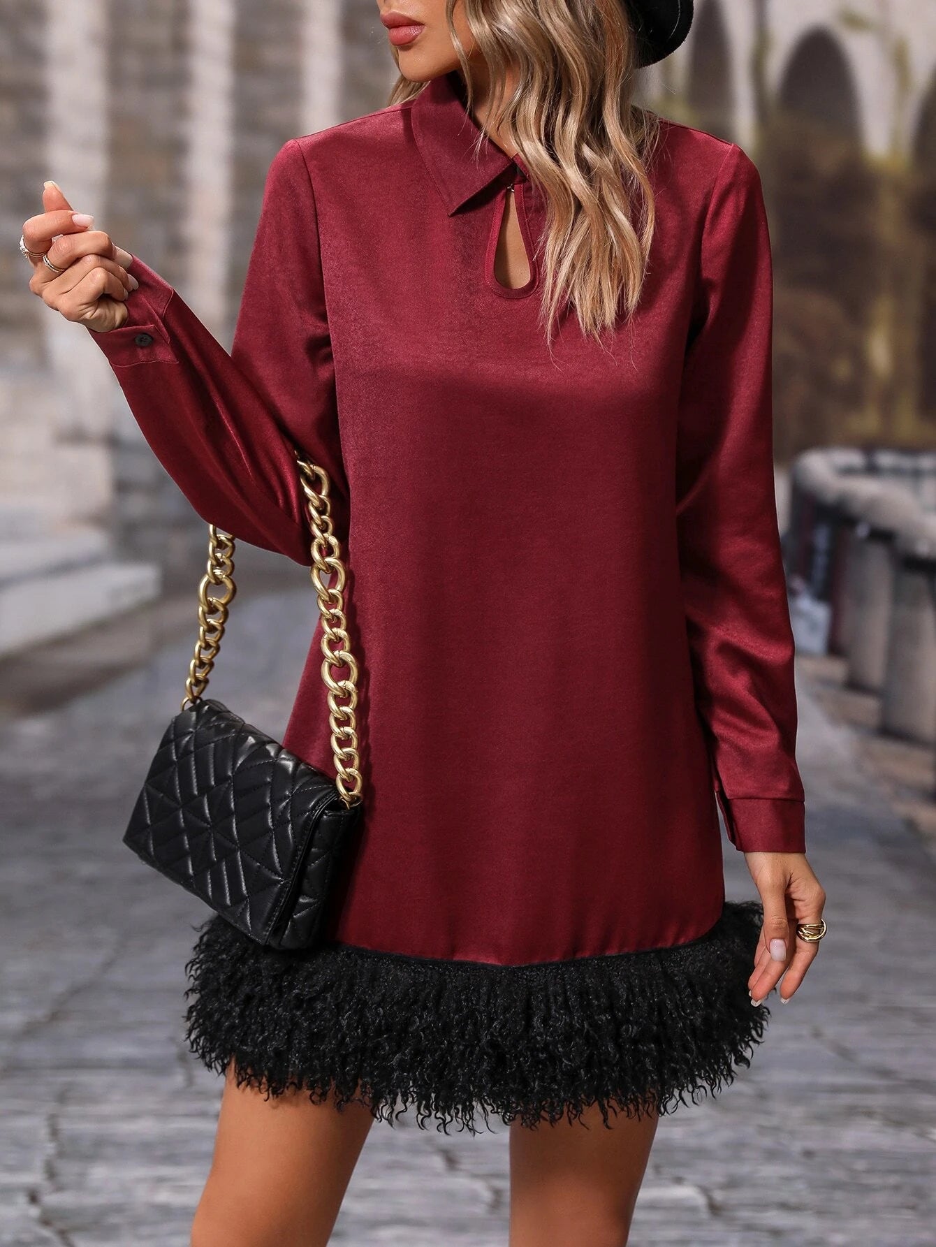 CM-DS291207 Women Elegant Seoul Style Collar Neckline Solid Fuzzy Hem Tunic Dress - Burgundy