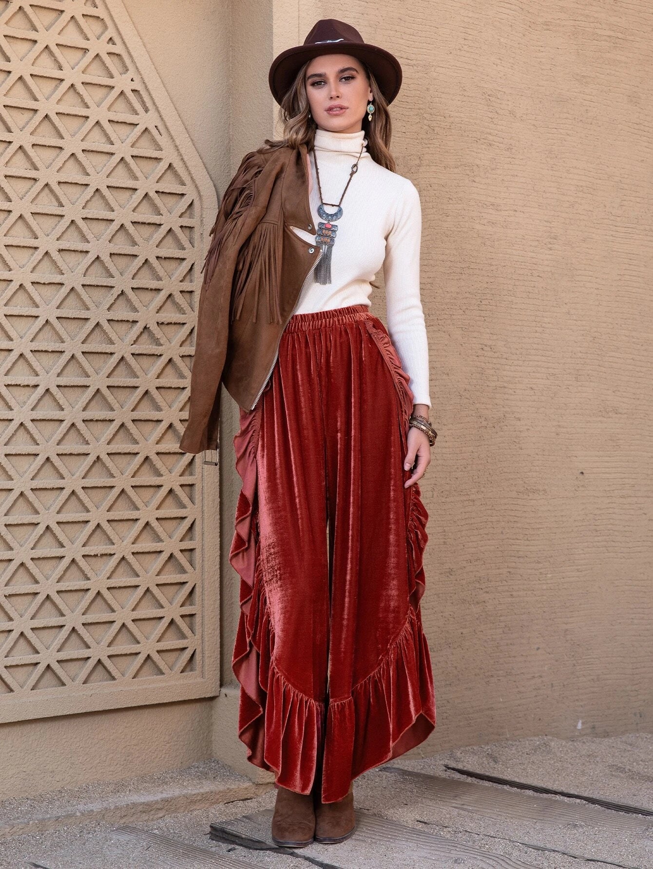 CM-BS373012 Women Trendy Bohemian Style Ruffle Trim Split Thigh Velvet Pants - Burnt Orange