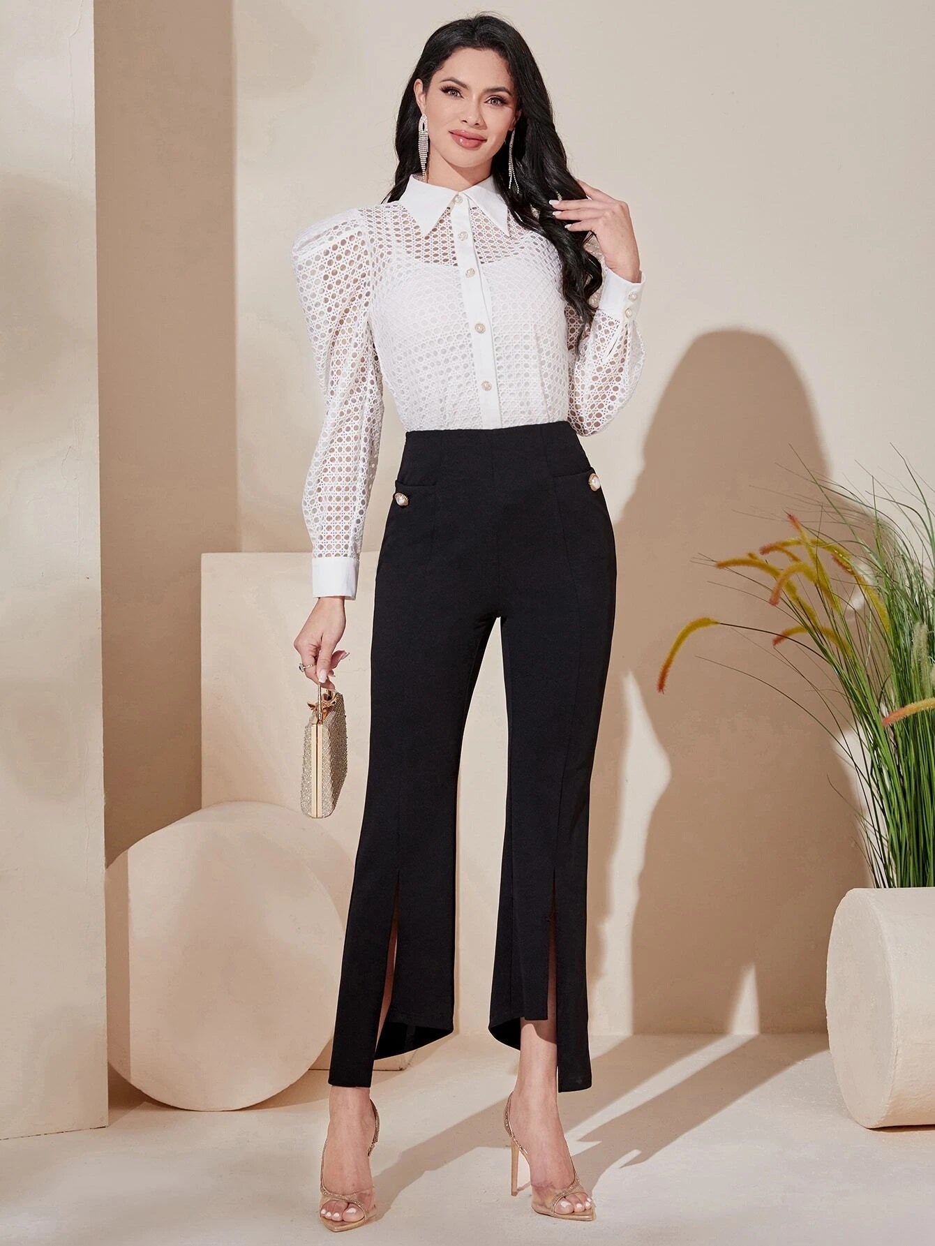 CM-BS022522 Women Elegant Seoul Style High Waist Button Detail Split Hem Flare Leg Pants
