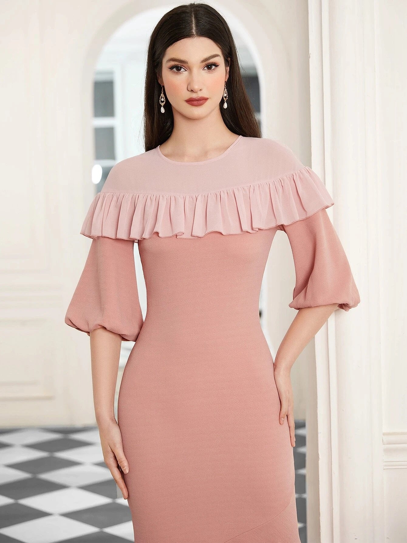 CM-DS247020 Women Elegant Seoul Style Ruffle Trim Lantern Sleeve Mermaid Hem Dress