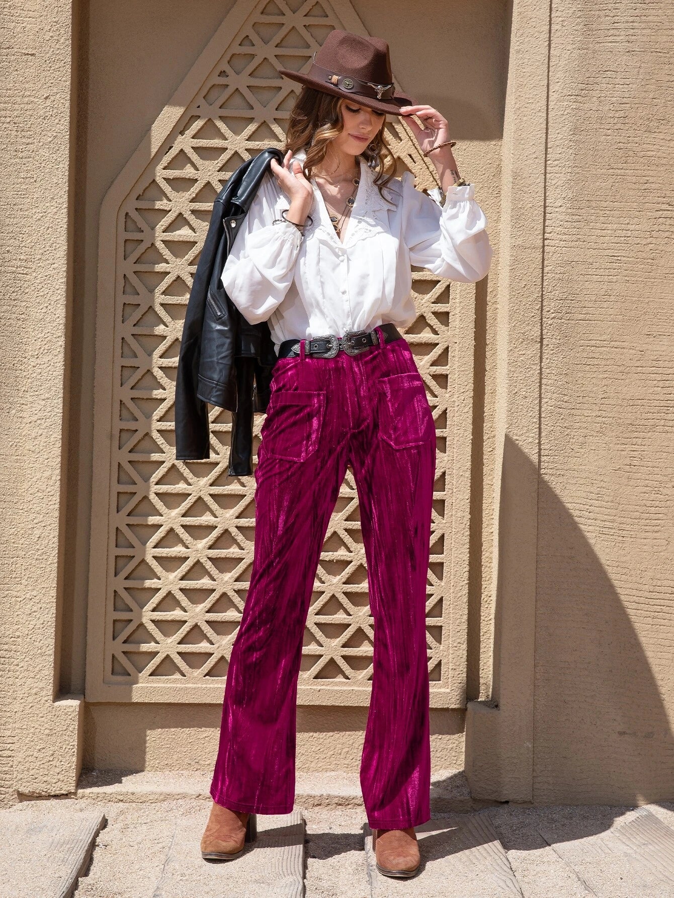 CM-BS689473 Women Trendy Bohemian Style Dual Pocket Flare Leg Pants - Rose Red
