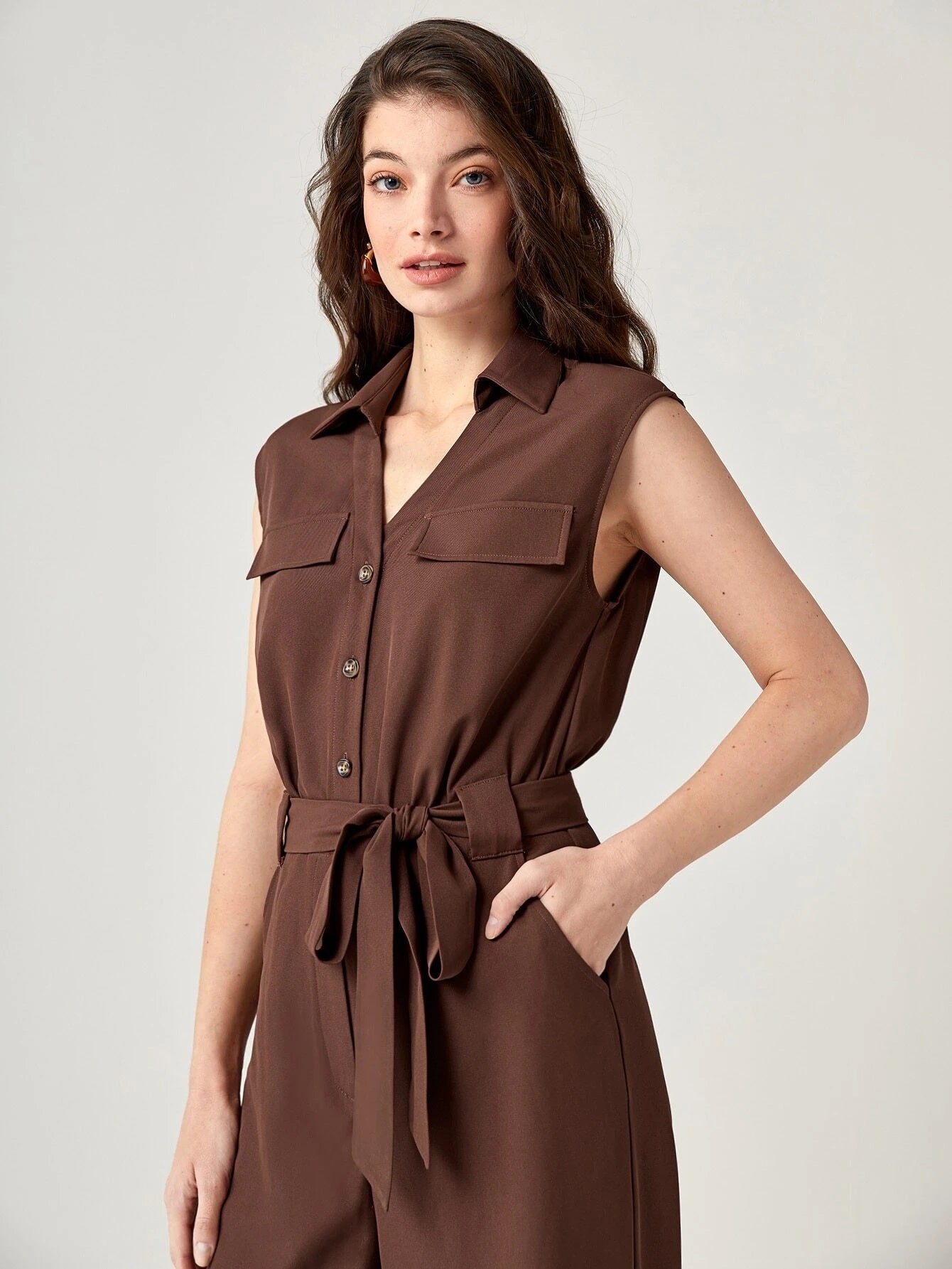 CM-JS581582 Women Casual Seoul Style Button Front Belted Wide Leg Jumpsuit - Coffee Brown