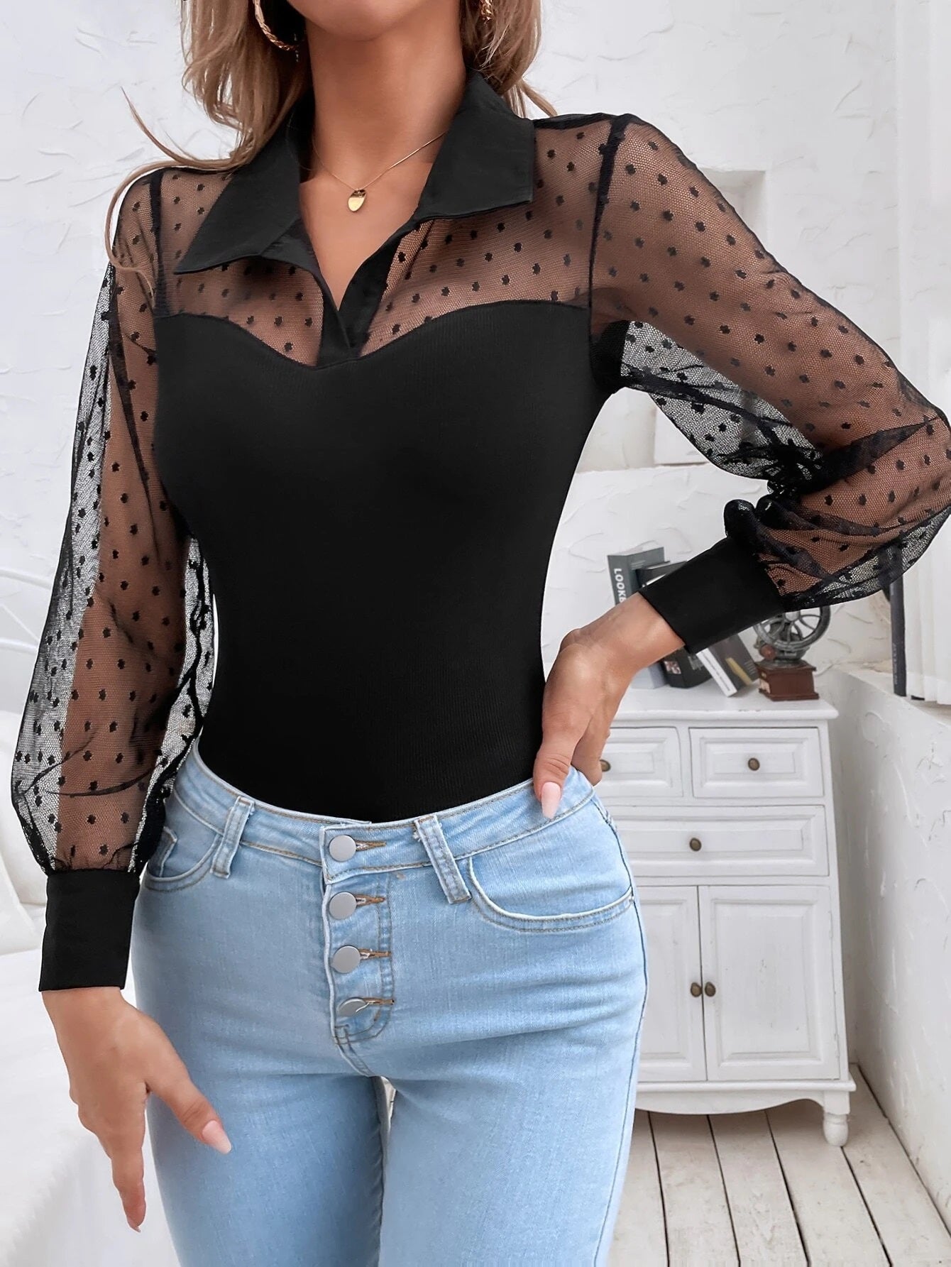CM-TS818594 Women Casual Seoul Style Collar Neckline Dobby Mesh Panel Bodysuit - Black