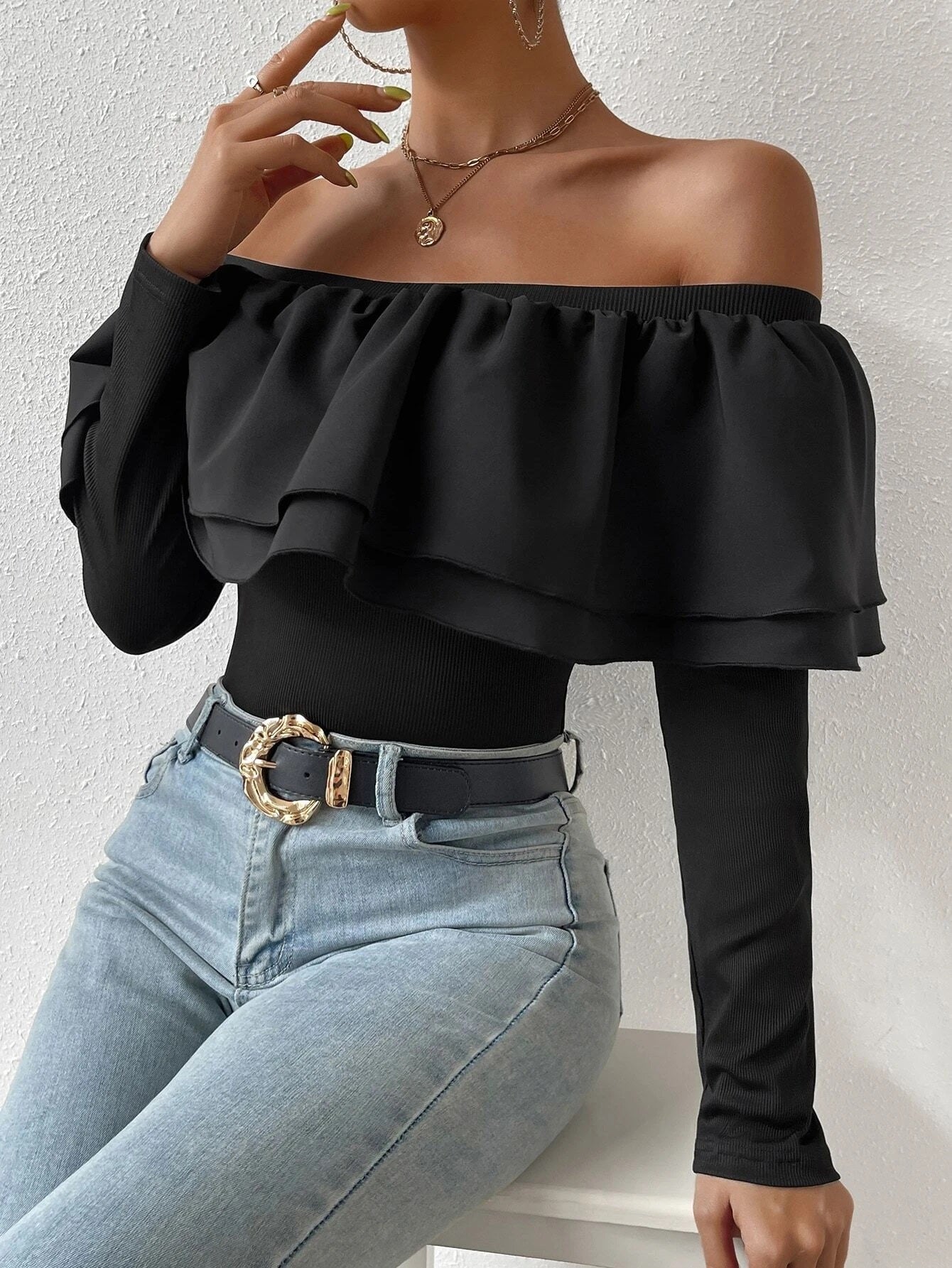 CM-TS645965 Women Casual Seoul Style Off Shoulder Exaggerated Ruffle Bodysuit