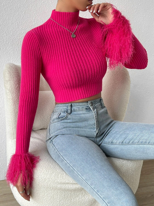 CM-CS147292 Women Casual Seoul Style Mock Neck Fuzzy Cuff Crop Sweater - Hot Pink
