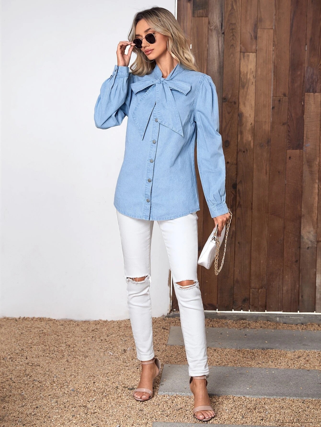 CM-TS126945 Women Casual Seoul Style Light Wash Tie Neck Button Front Denim Top