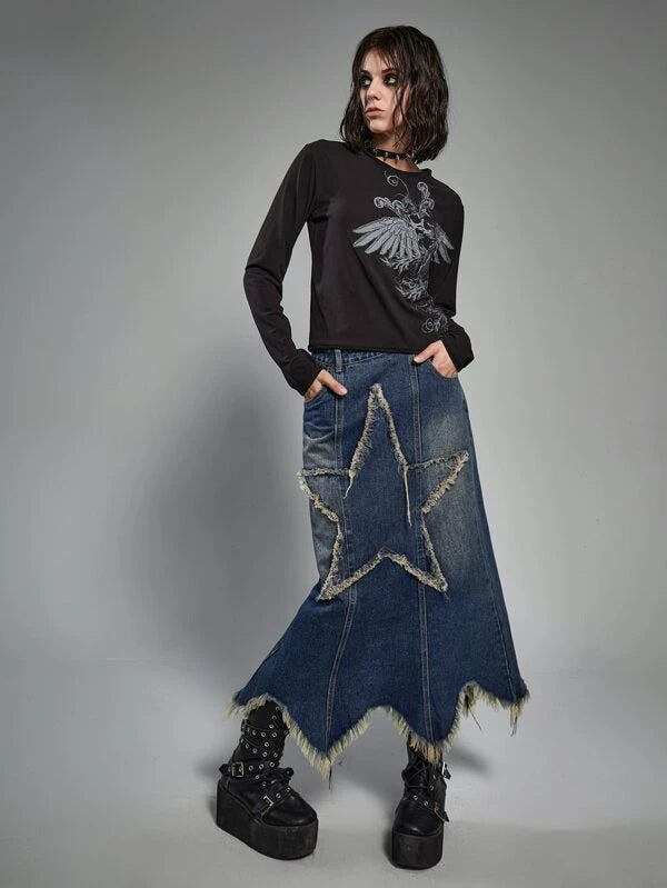 CM-BS457511 Women Preppy Seoul Style Punk Star Pattern Raw Hem Slant Pocket Denim Skirt
