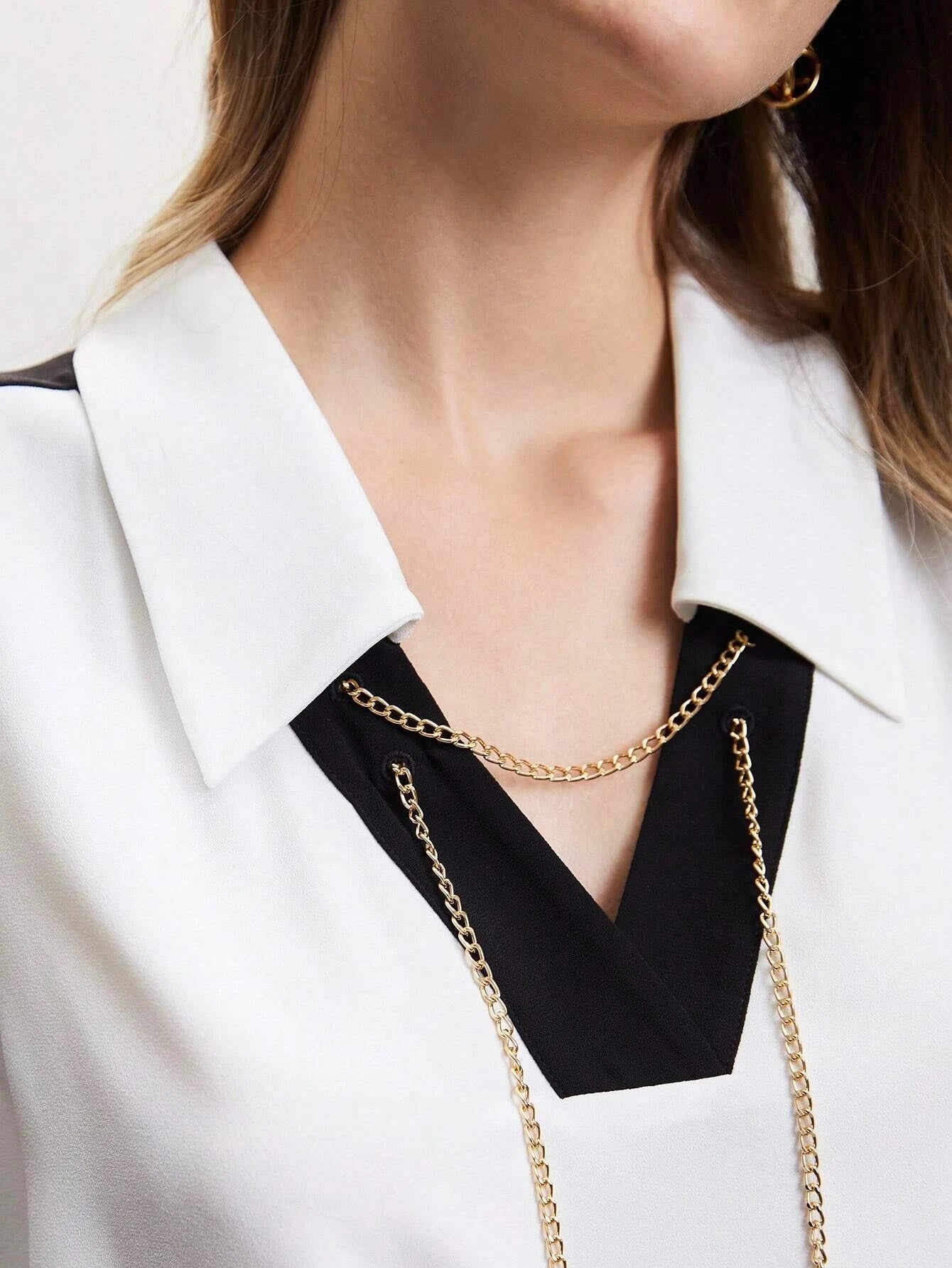 CM-TS343394 Women Elegant Seoul Style Sleeveless Two Tone Chain Embellished Blouse