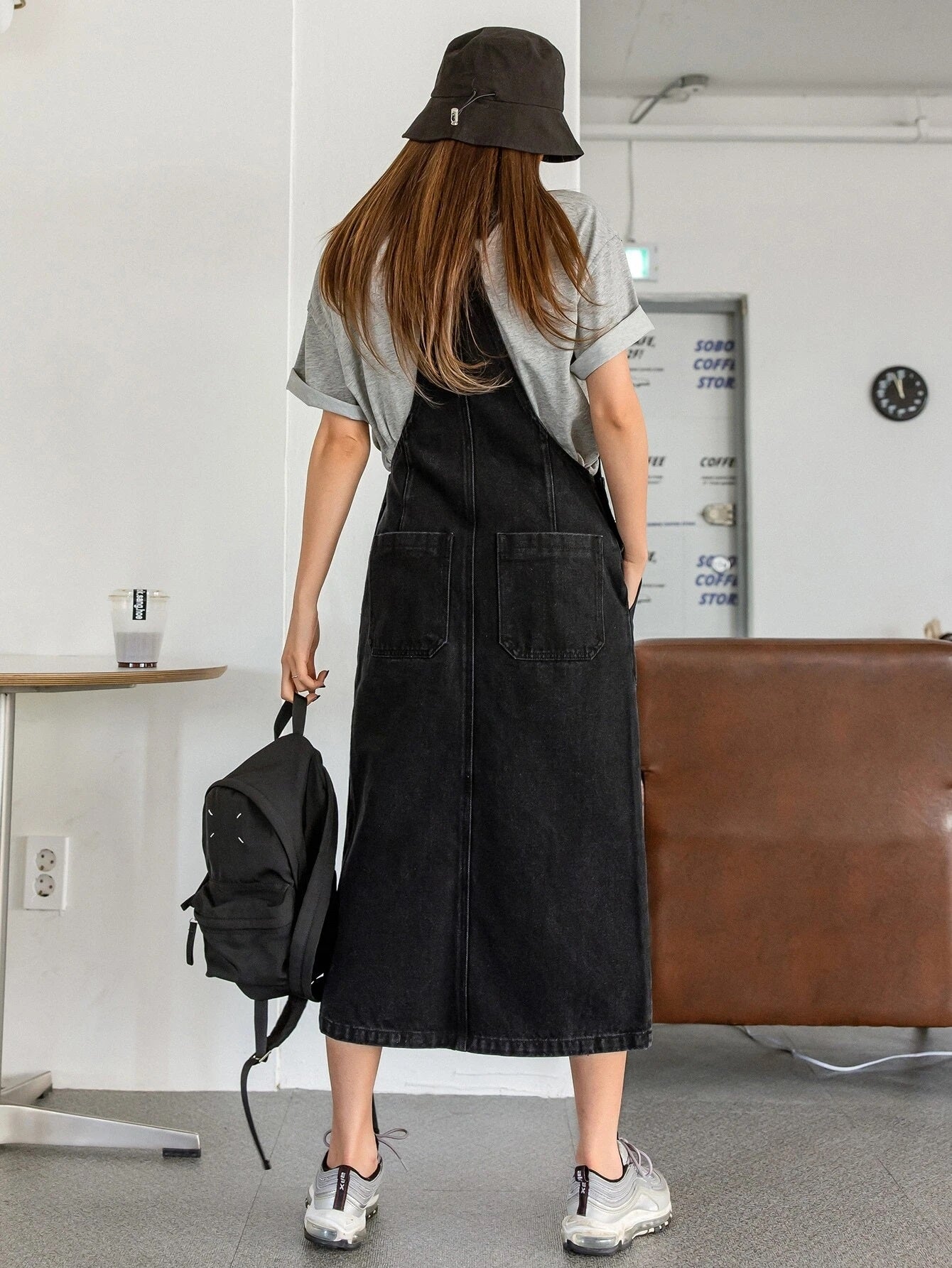 CM-DS418881 Women Preppy Seoul Style Slant Pockets Slit Front Denim Overall Dress - Black