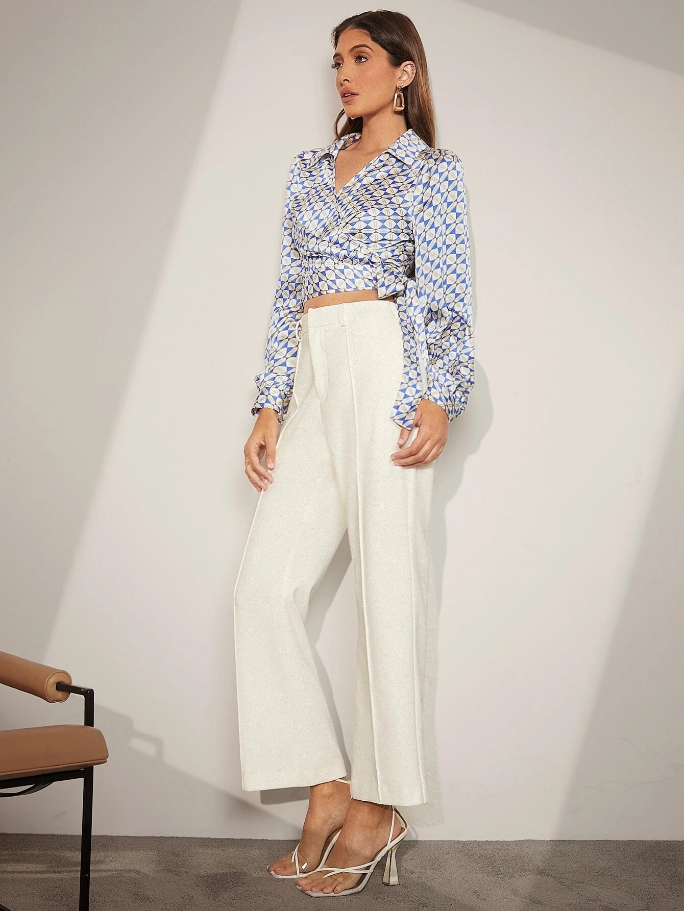 CM-TS101493 Women Elegant Seoul Style Allover Print Knot Side Wrap Blouse