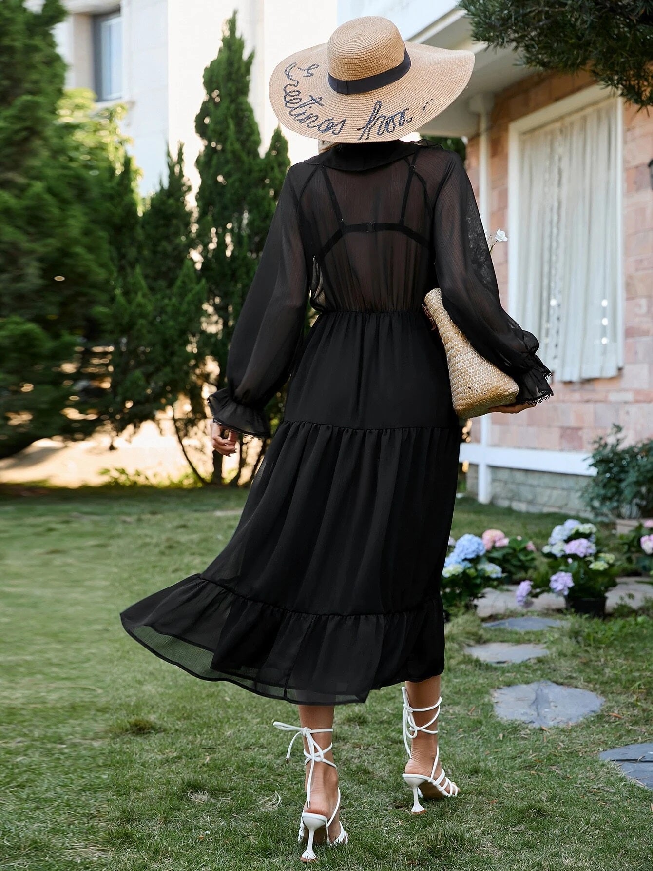 CM-DS416138 Women Elegant Seoul Style Contrast Mesh Flounce Sleeve Ruffle Hem Dress