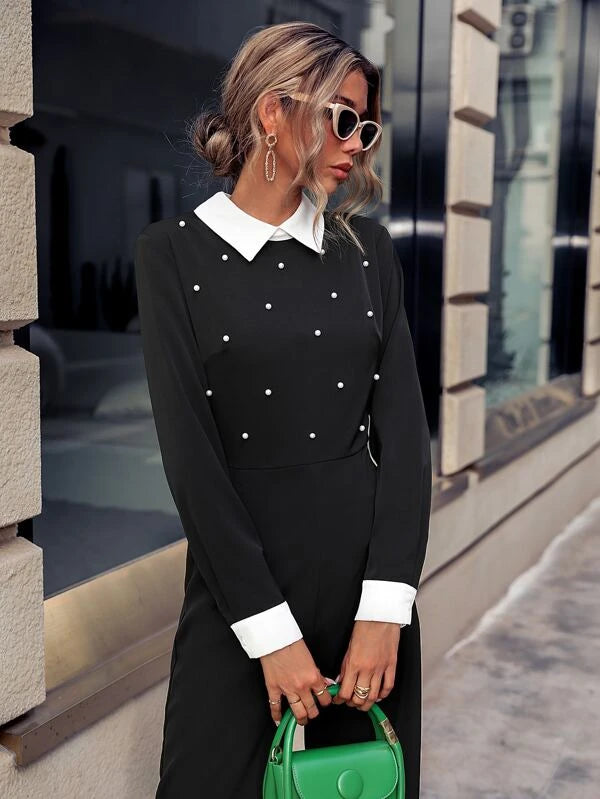 CM-JS714161 Women Elegant Seoul Style Contrast Collar Pearls Beaded Jumpsuit - Black