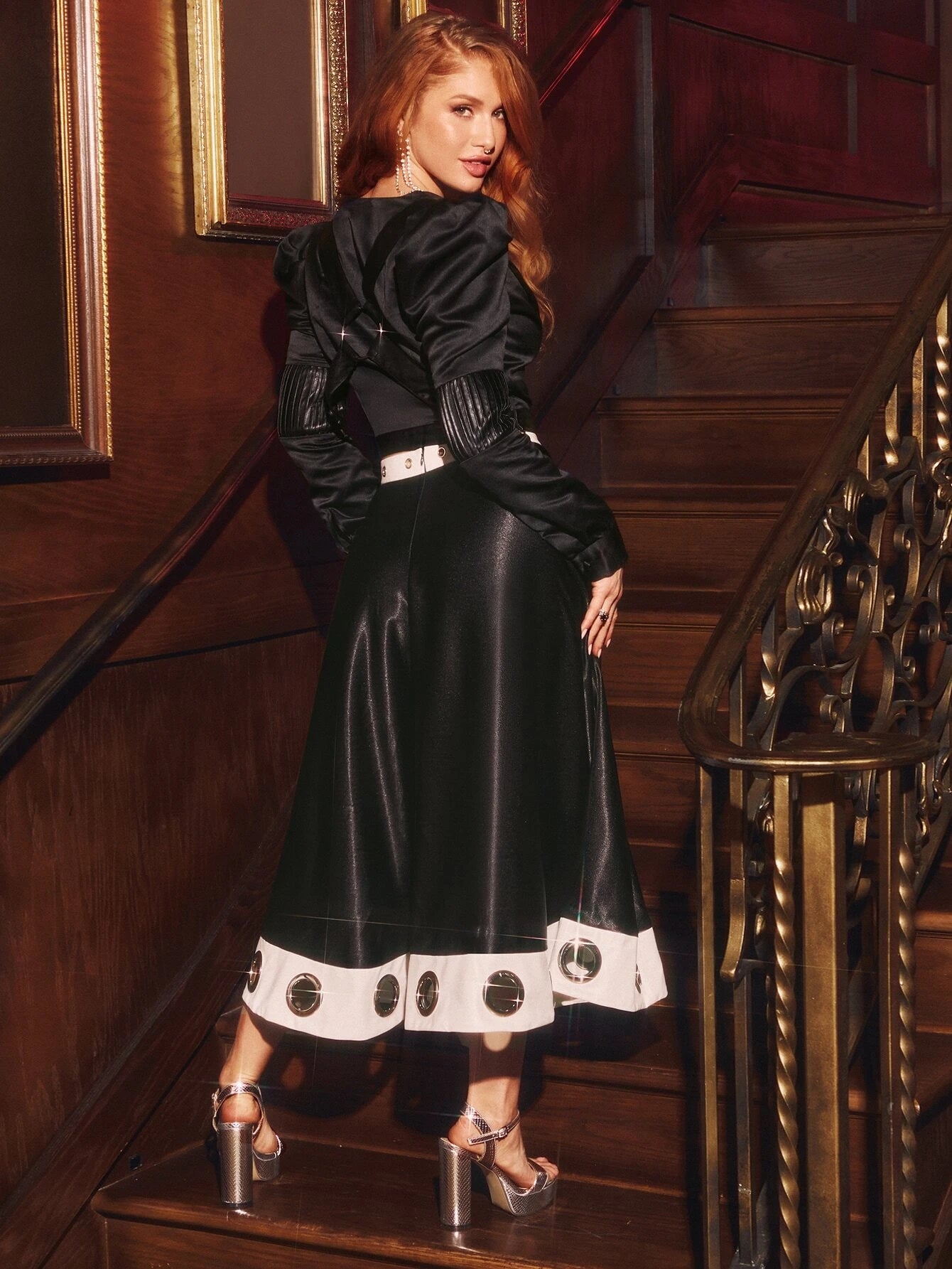 CM-BS756991 Women Elegant Seoul Style Colorblock Grommet Eyelet Satin Skirt - Black