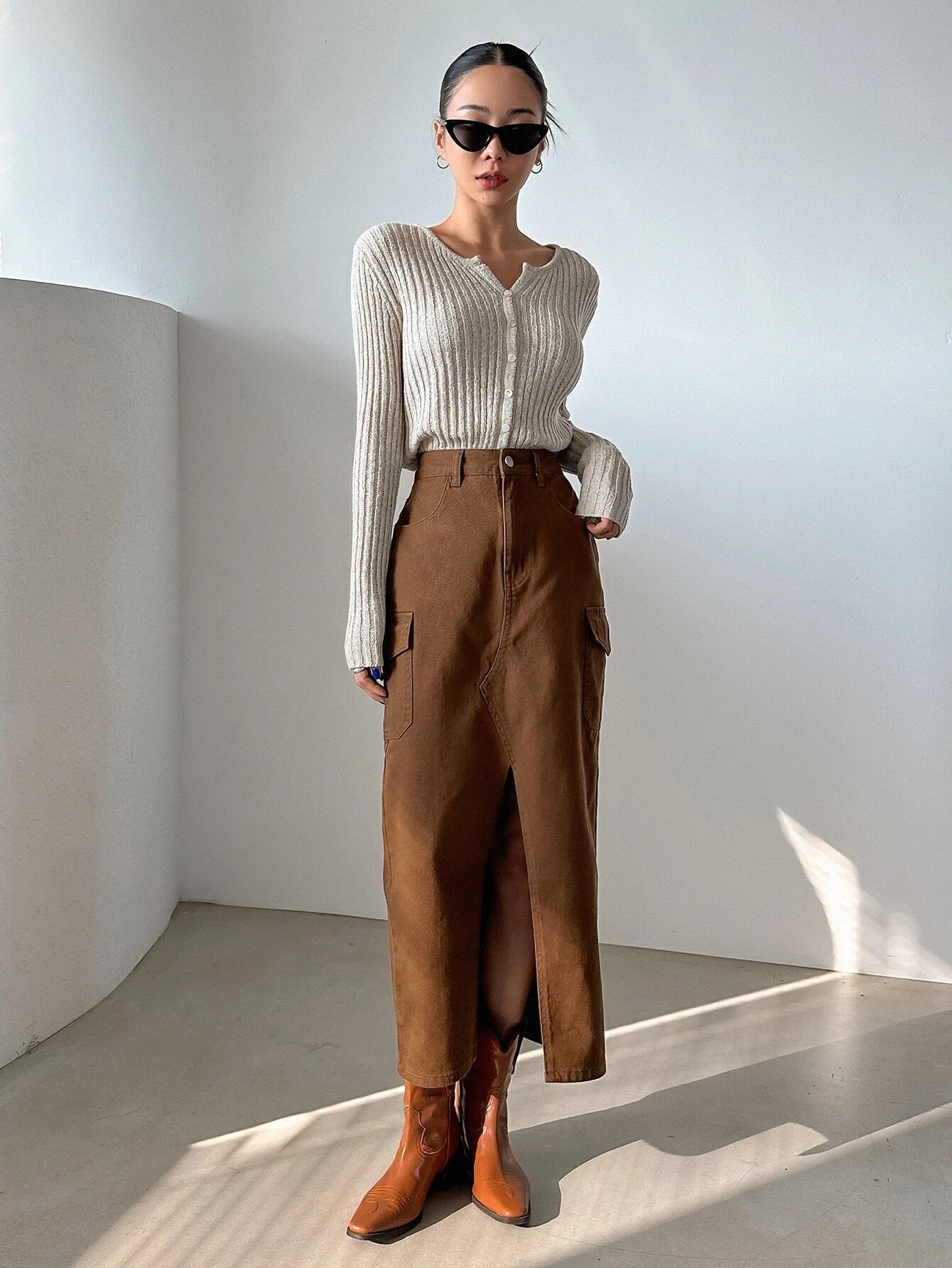 CM-BS080390 Women Casual Seoul Style High Waist Split Thigh Denim Skirt - Coffee Brown