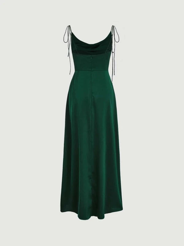 CM-DS512900 Women Elegant Seoul Style Tie Shoulder Solid Maxi Satin Cami Dress - Dark Green