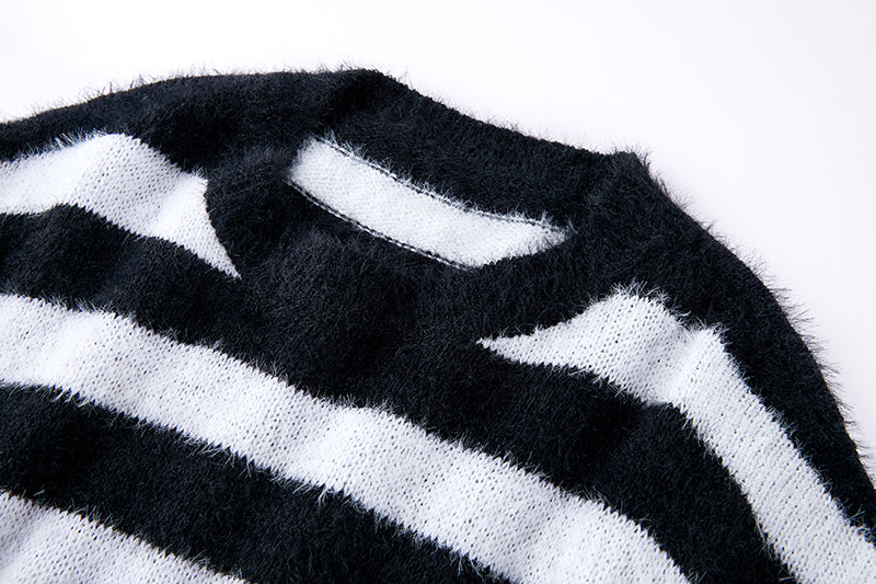 CM-CF102918 Women Trendy Seoul Style Round Neck Stripes Sweater Pullovers