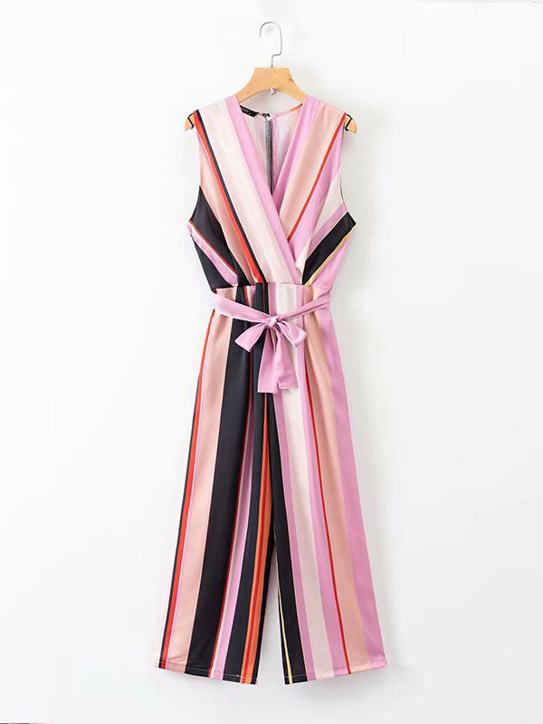 CM-J092540 Women Casual Seoul Style V-Neck Tie-Wrap Striped Sleeveless Jumpsuit - Pink
