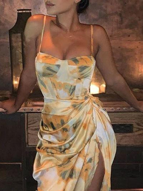 CM-D101220 Women Elegant European Style Spaghetti Strap Draped Slip Midi Dress - Yellow