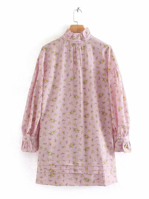 CM-D031718 Women Casual European Style Mock Neck Lantern Sleeve Floral Short Dress - Pink