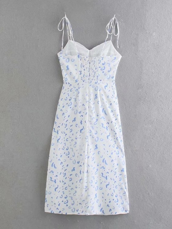 CM-DW052746 Women Vintage European Style Print Backless Camisole Midi Dress - White