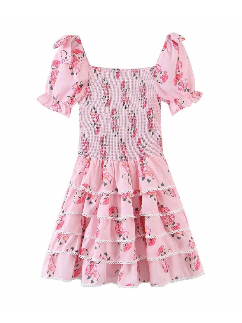 CM-DW060754 Women Elegant Seoul Style Ruffle Stringy Selvedge Short Sleeve Dress - Pink