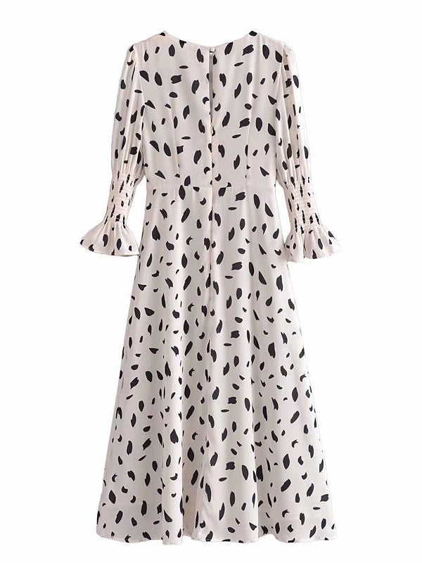 CM-D071907 Women Casual Seoul Style Bateau Neck Print Flare Sleeve Dress - Beige