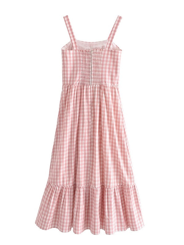 CM-D071912 Women Casual European Style U-Neck Plaid Bow Camisole Dress - Pink