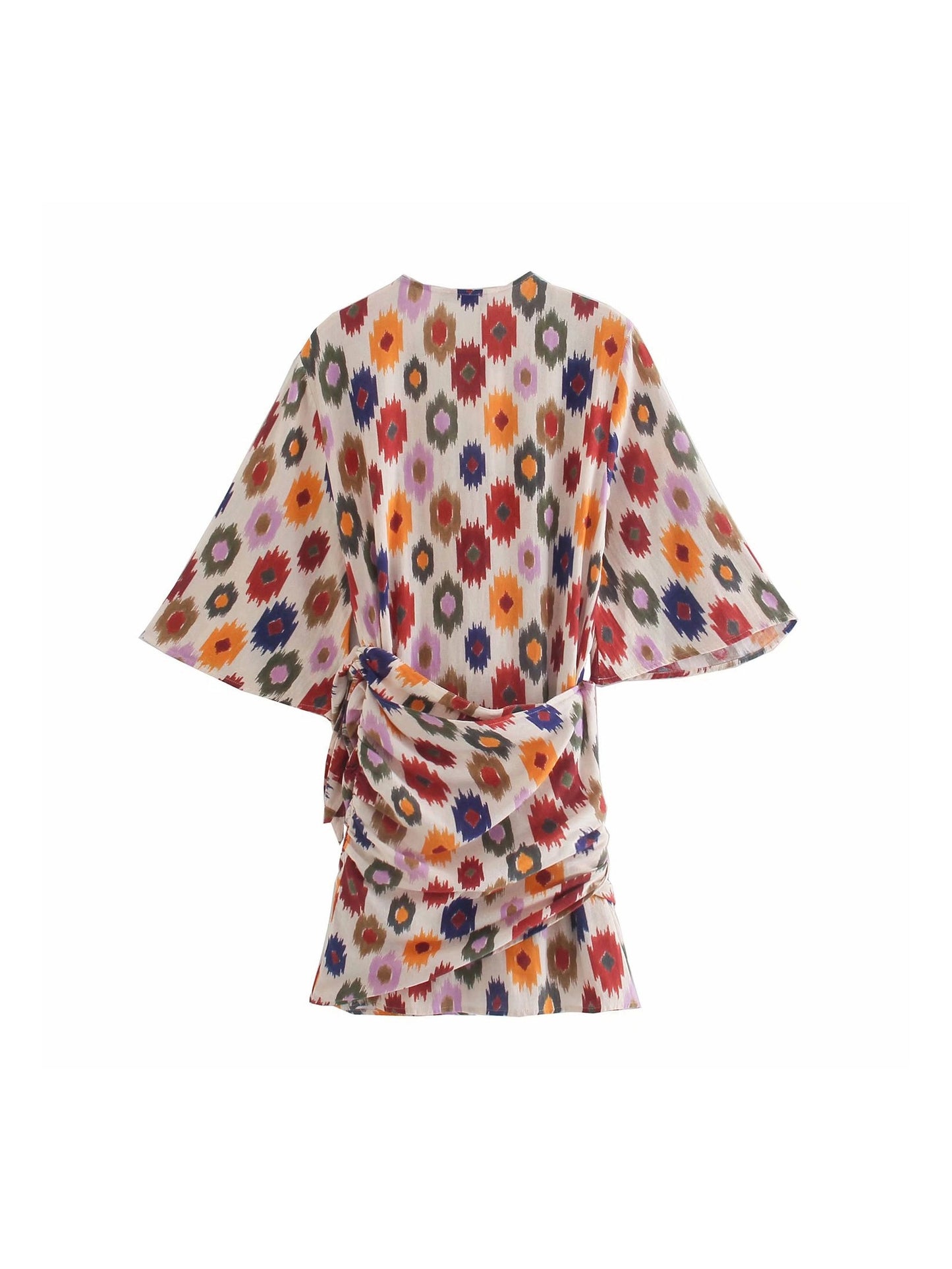 CM-D072138 Women Casual Seoul Style Printed V-Neck Tie Wrap Short Sleeve Dress