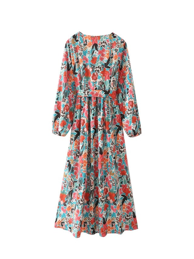 CM-D072340 Women Casual Seoul Style V-Neck Floral Long Sleeve Midi Dress