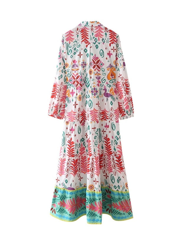 CM-D072341 Women Casual Seoul Style Printed Ruffles Puff Sleeve Shirt Maxi Dress