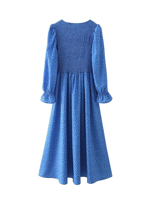 CM-D072342 Women Casual Seoul Style Heart Printed Crew Neck Maxi Dress - Blue