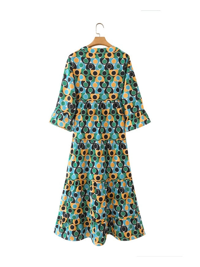 CM-D072855 Women Casual Seoul Style Dots Printed Multi-Color V-Neck Maxi Dress