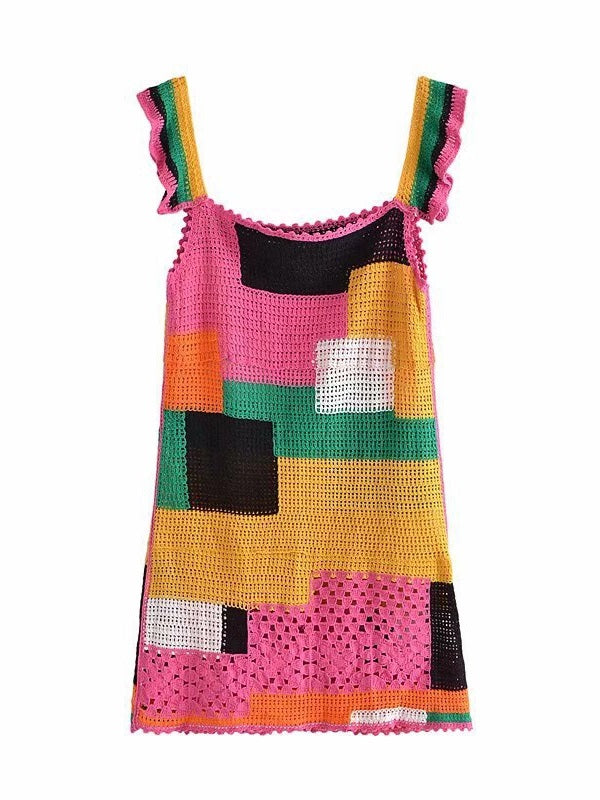 CM-D080324 Women Trendy Bohemian Style Contrast Color U Neck Sleeveless Dress
