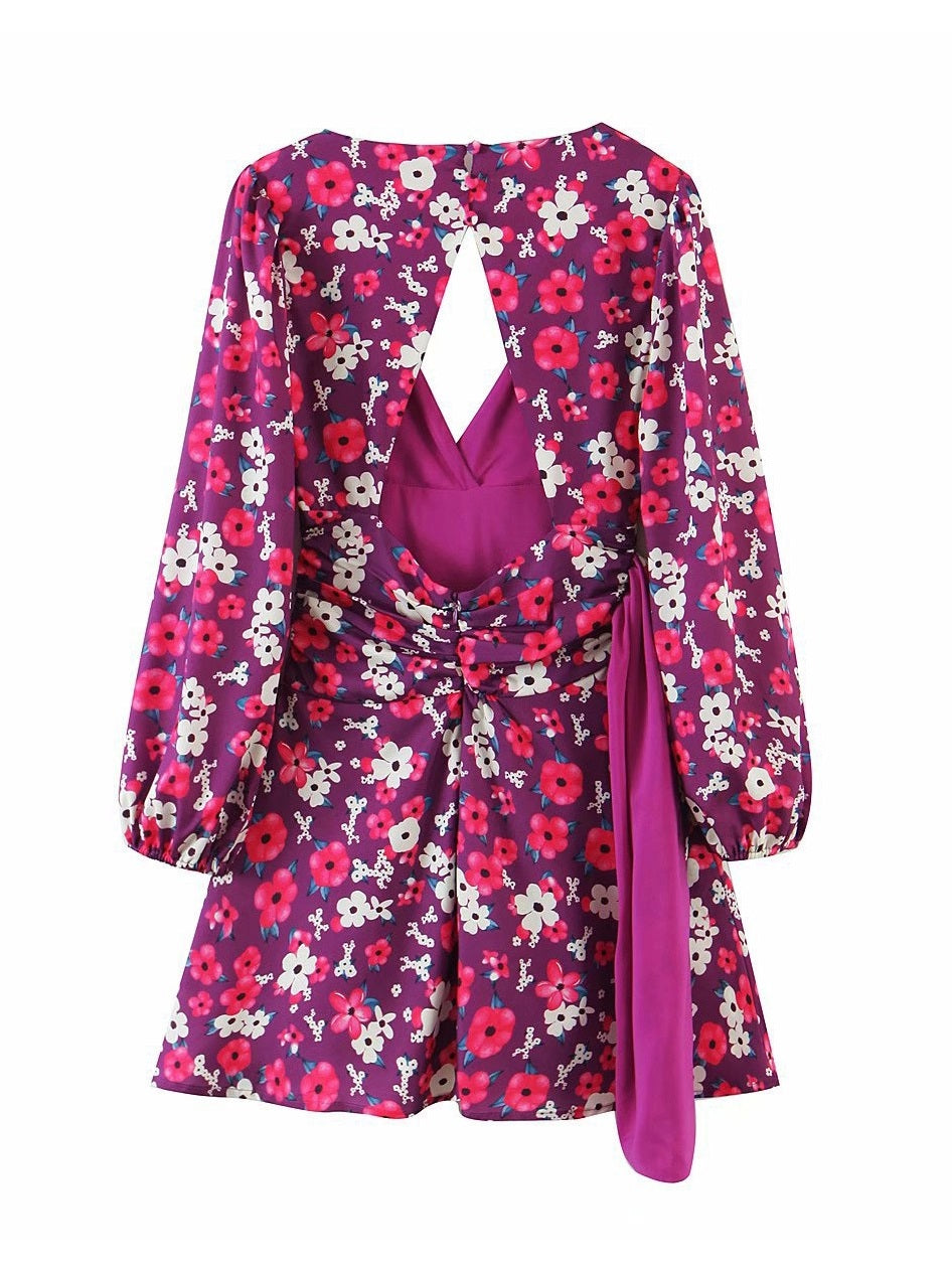 CM-D080418 Women Elegant European Style V-Neck Backless Long Sleeve Dress - Purple