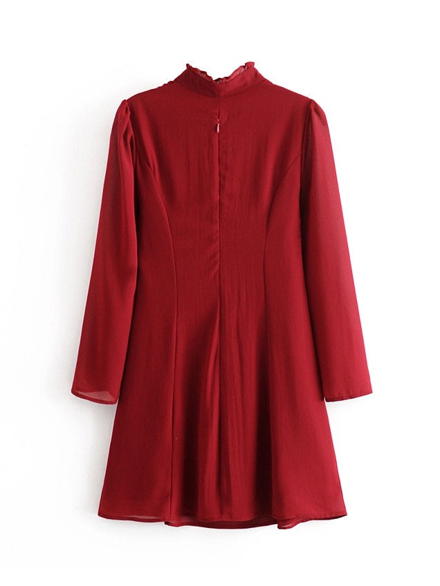 CM-D081058 Women Elegant Seoul Style Hollow Out Loose Long Sleeve Dress - Red
