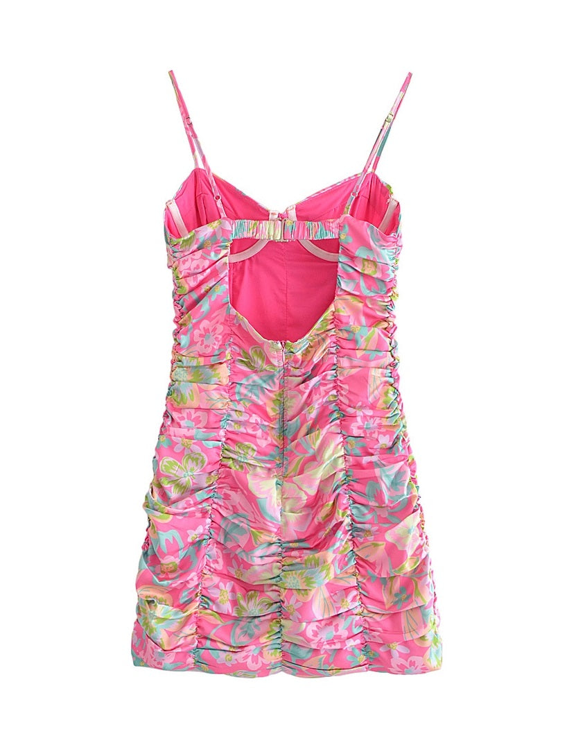 CM-D081258 Women Trendy Bohemian Style Floral Ruched Spaghetti Strap Sleeveless Dress