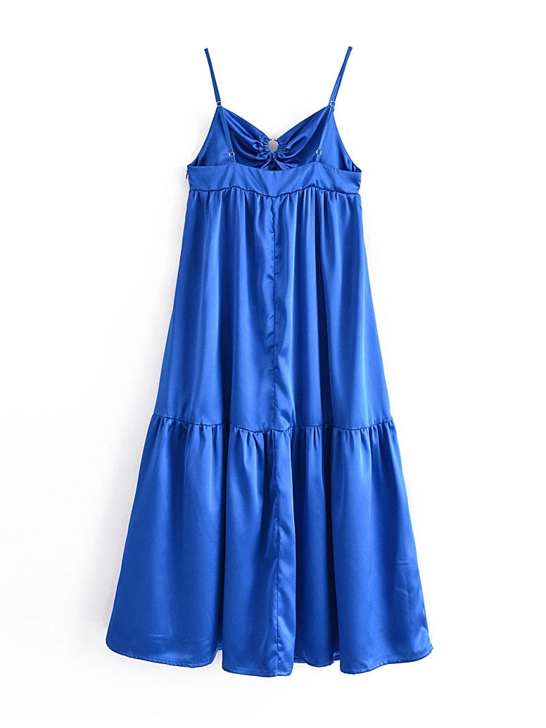 CM-D081632 Women Casual Seoul Style Spaghetti Strap Backless Ruffles Sleeveless Midi Dress