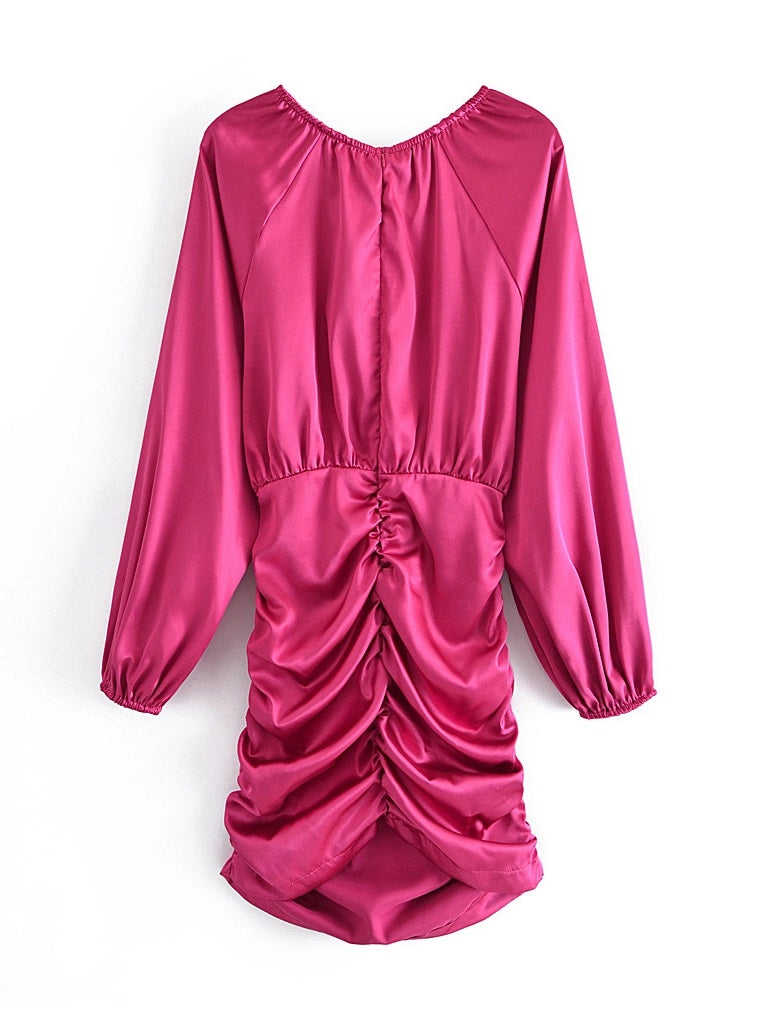 CM-D081659 Women Elegant European Style O-Neck Solid Ruched Long Sleeve Dress