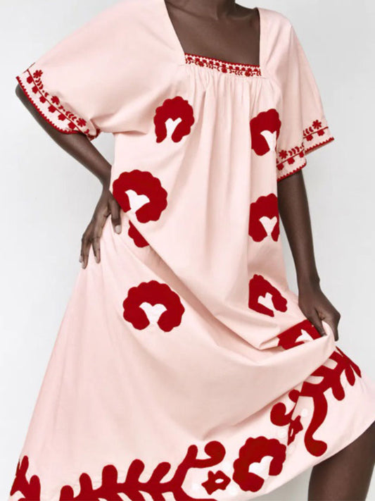 CM-D082329 Women Casual European Style Square Neck Short Sleeve Maxi Dress