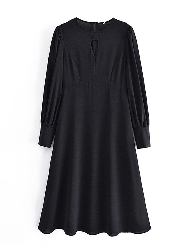 CM-D090947 Women Elegant European Style Hollow Out Long Sleeve Dress - Black
