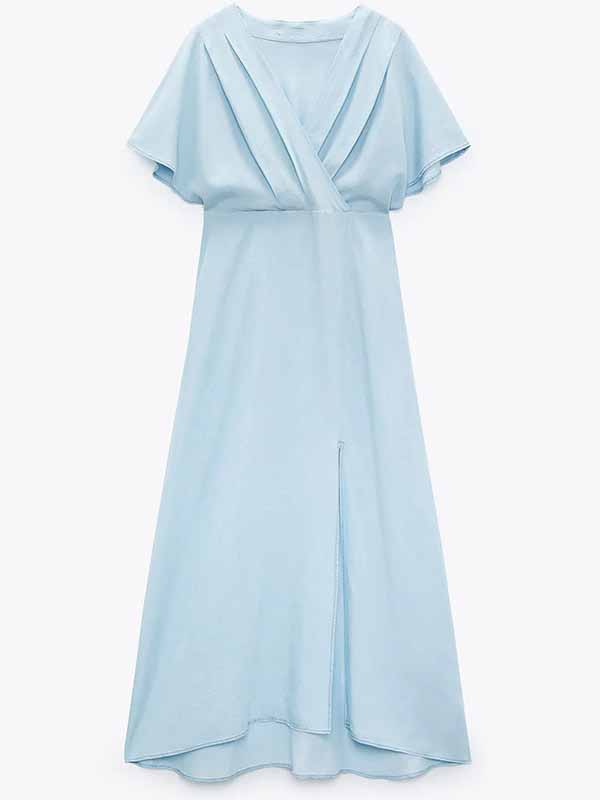 CM-D091120 Women Elegant European Style V-Neck Flare Sleeve Maxi Dress - Light Blue